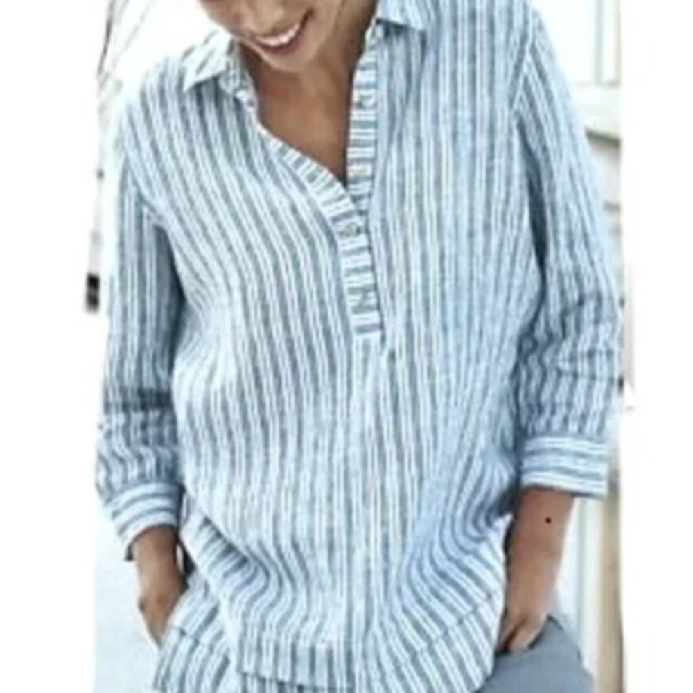 J. Jill Light Blue and White Striped Linen-Blend Tunic Top